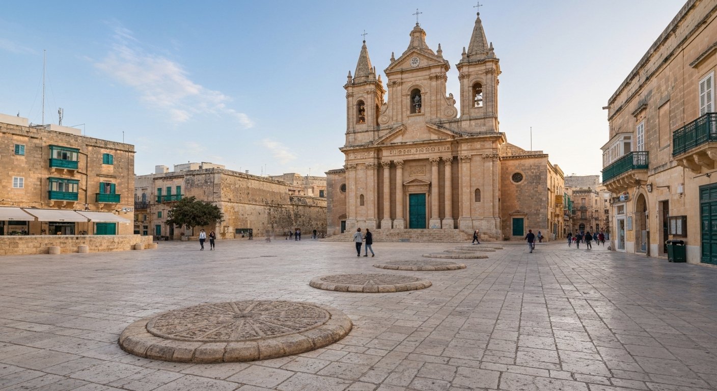Pjazza San Publiju in Floriana with the Granaries’ circular stone caps set into the paving, St Publius Parish Church rising behind in late afternoon light