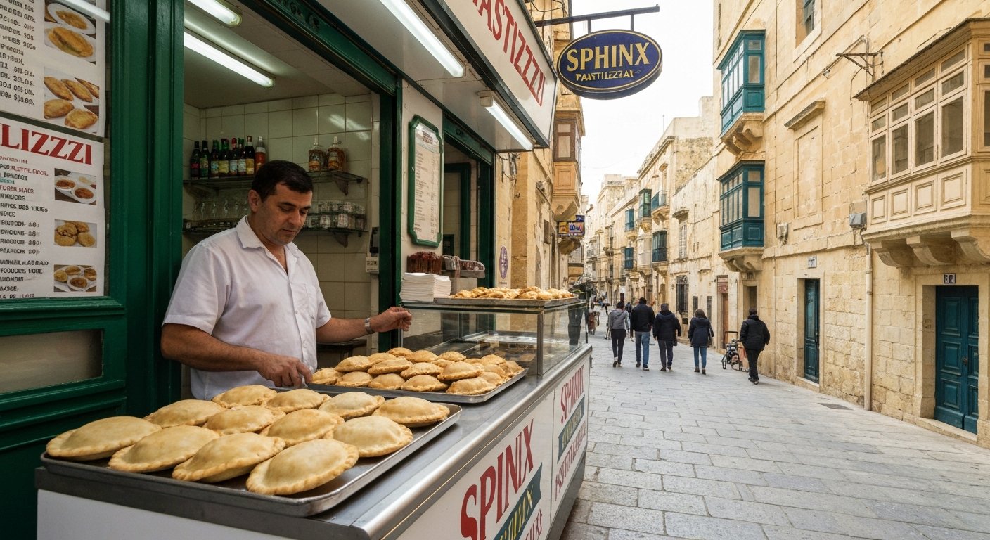 the original Sphinx pastizzeria on St Anne Street in Floriana, with a tray of fresh pastizzi and a local customer at the counter