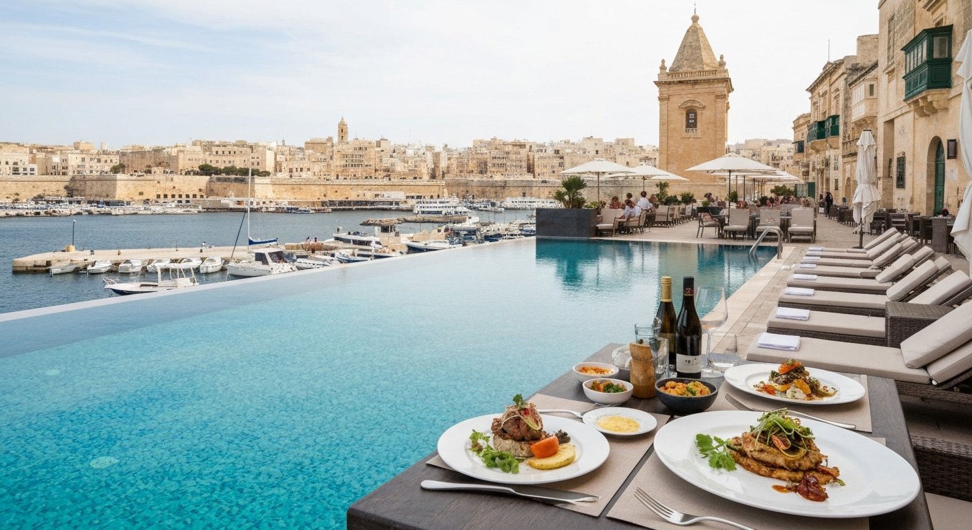 the Bastion Pool Bar & Restaurant at The Phoenicia Malta, with an infinity pool on the bastion and plates of Mediterranean-Asian food beside Marsamxett Harbour