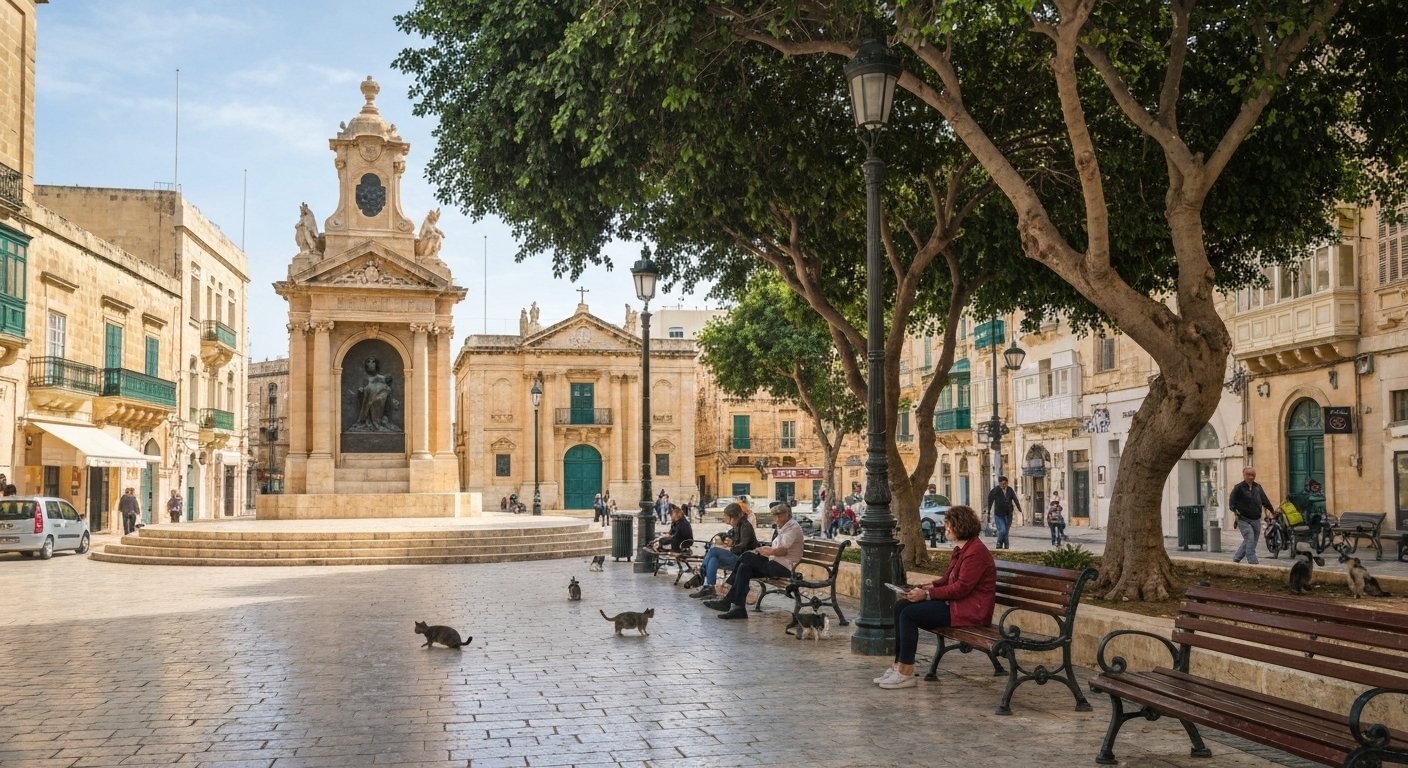The Mall (Maglio Gardens) in Floriana, a flat tree-lined promenade with benches, monuments and stray cats in soft morning shade