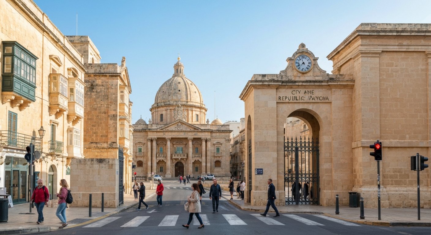 City Gate in Valletta at the entrance to Republic Street, with Renzo Piano’s modern stone gate, the nearby Parliament building and pedestrians crossing into the old city in bright morning light