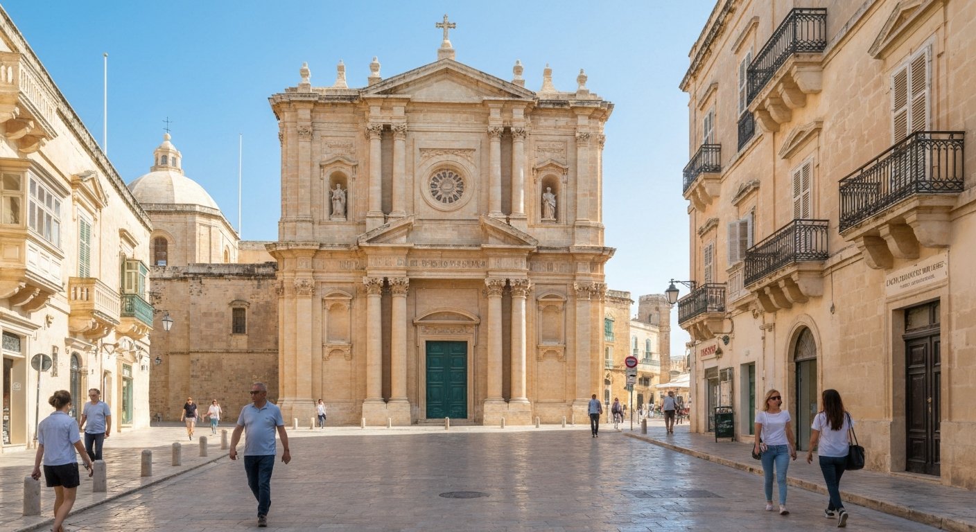 St John’s Co-Cathedral facade on Republic Street in Valletta, the plain baroque exterior framed by pedestrians and warm limestone under midday sun