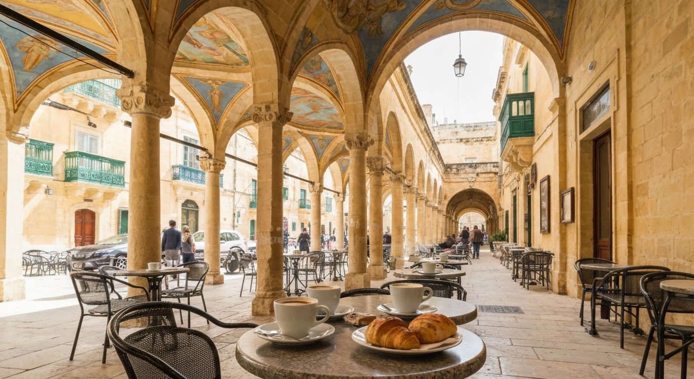 Caffe Cordina’s terrace on Republic Square in Valletta, with coffee cups, pastries and the painted arcade ceiling catching soft afternoon light
