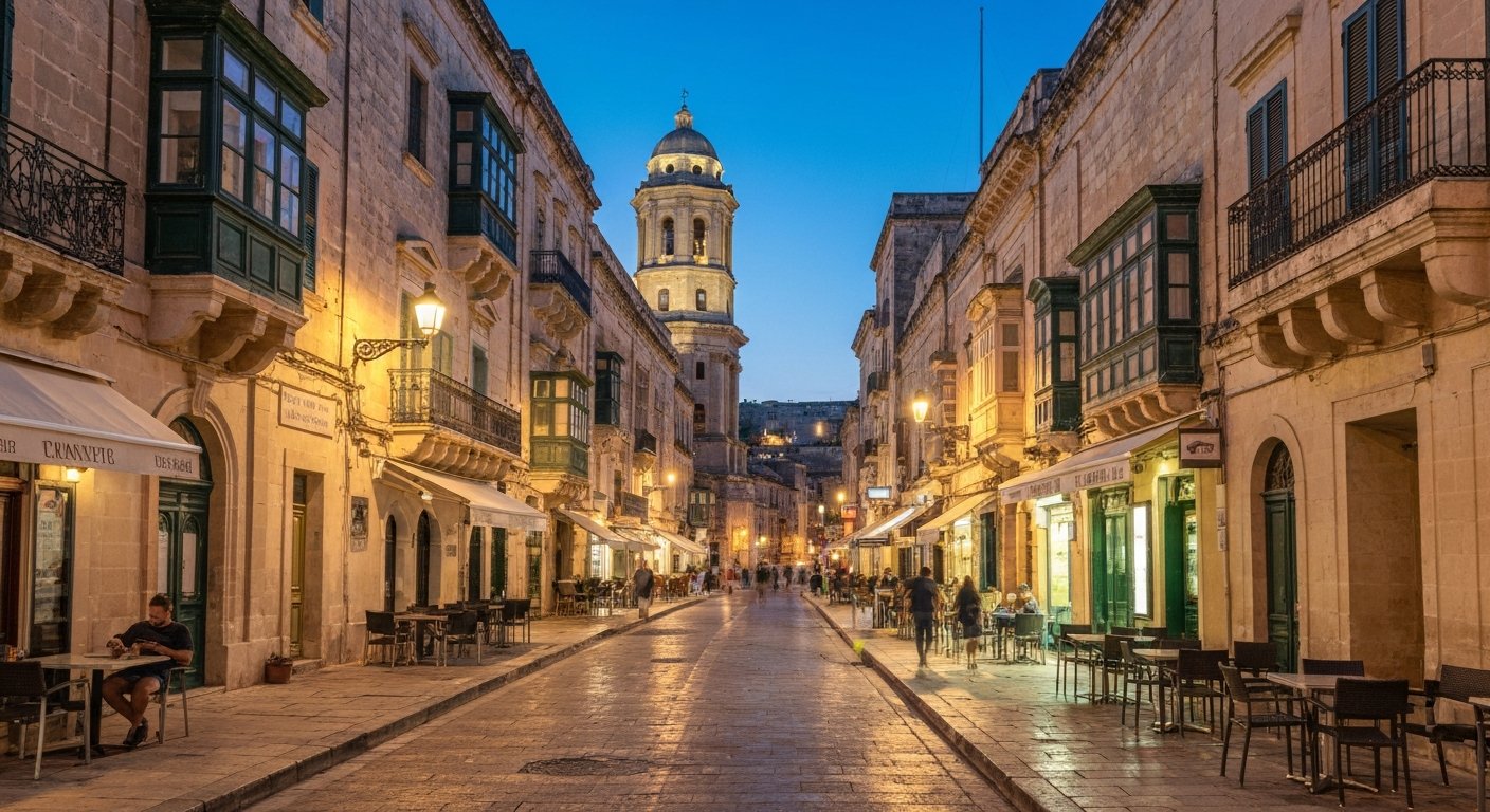 Republic Street in Valletta after dusk, floodlit limestone facades, a nearly empty pedestrian avenue and the soft glow of café terraces closing for the night