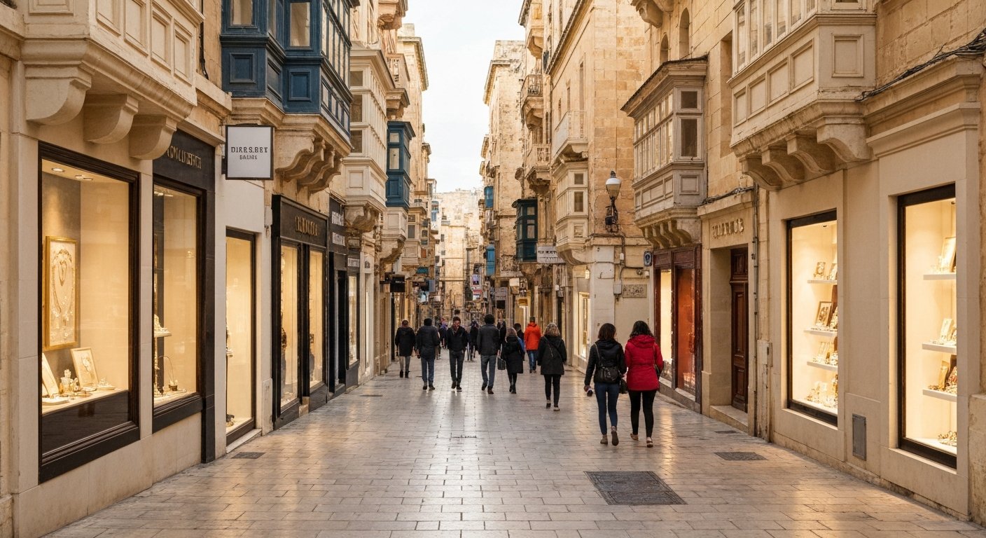 Republic Street as Valletta’s shopping avenue, with jewellers’ windows, boutique fronts and pedestrians passing under limestone balconies in late afternoon light