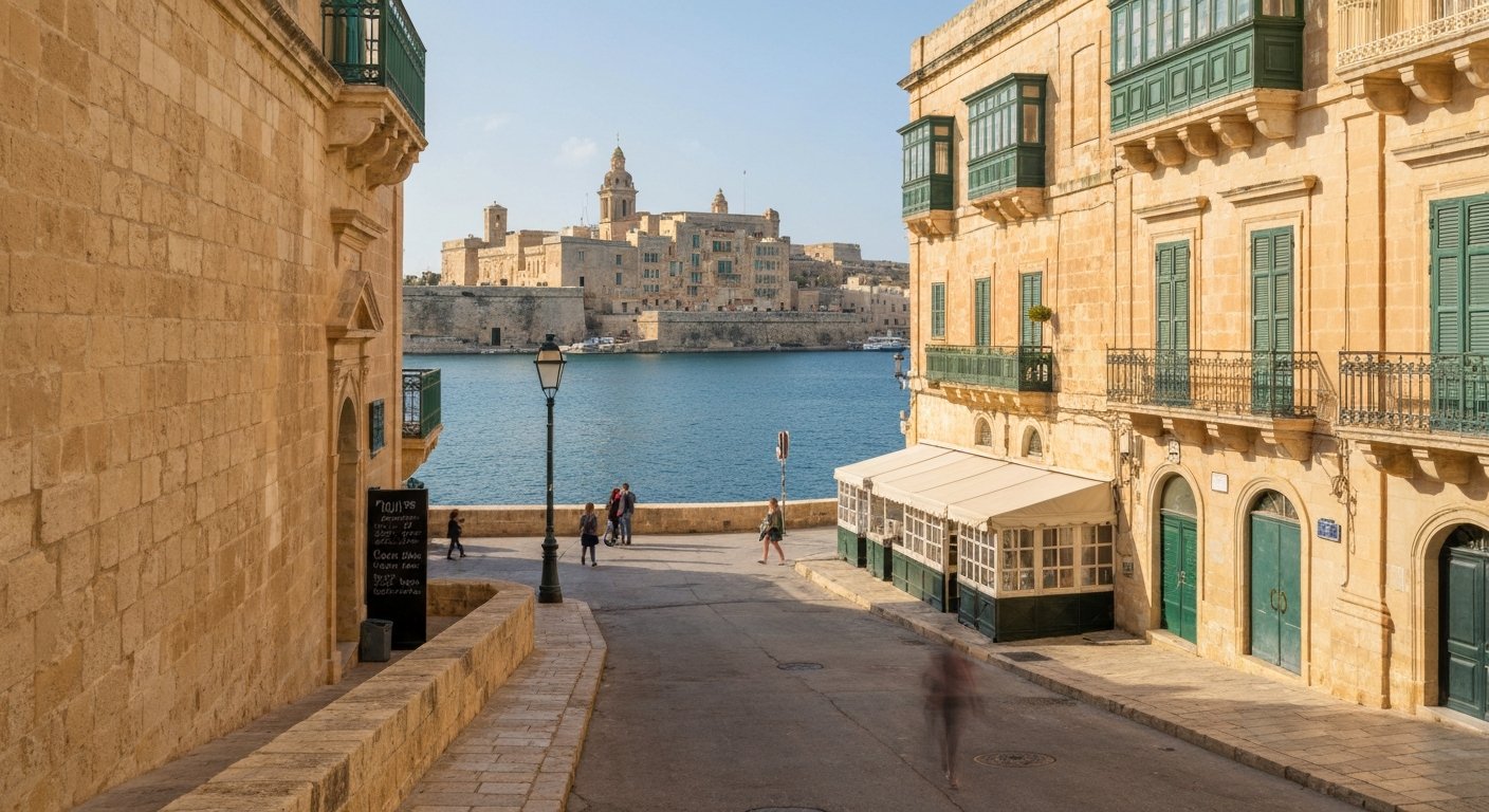 St Barbara Bastion’s honey-limestone townhouses and enclosed timber gallariji facing the Grand Harbour at early morning light, Fort St Angelo across the water
