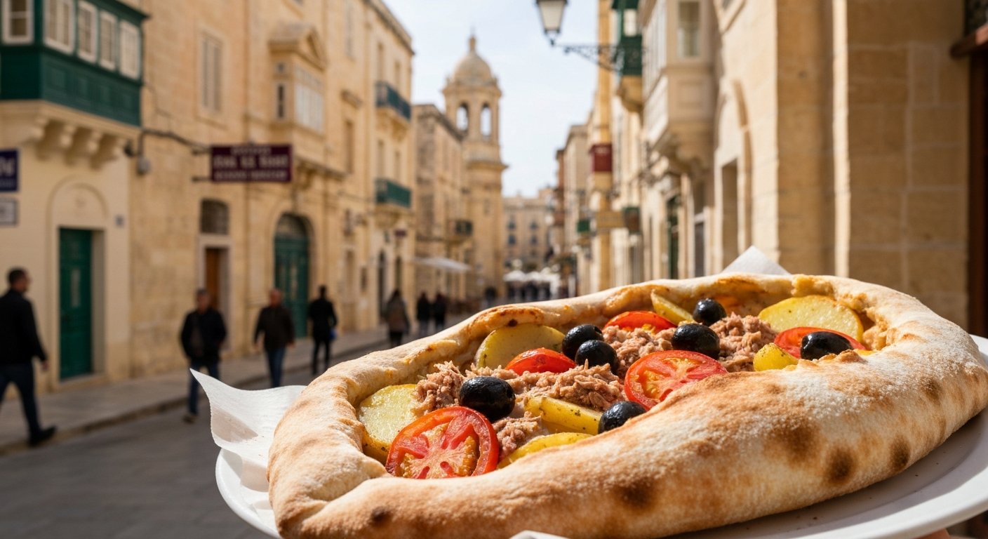 a freshly baked Maltese ftira at Ta’ Nenu on St Dominic Street, crisp browned crust, potato, tomato, olives and tuna in warm bakery light