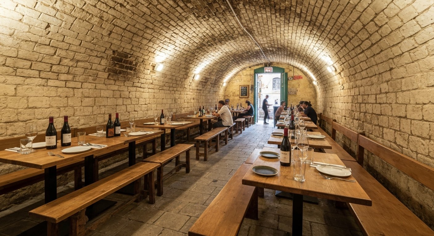 the brick-vault cellar interior of Legligin on St Lucia’s Street, wooden tables set for a Maltese small-plates tasting menu and bottles of local wine