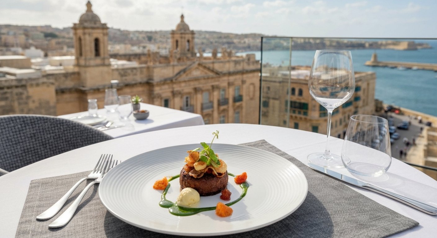 a refined plated course at ION Harbour by Simon Rogan on the rooftop of Iniala Harbour House, Grand Harbour visible beyond the dining room