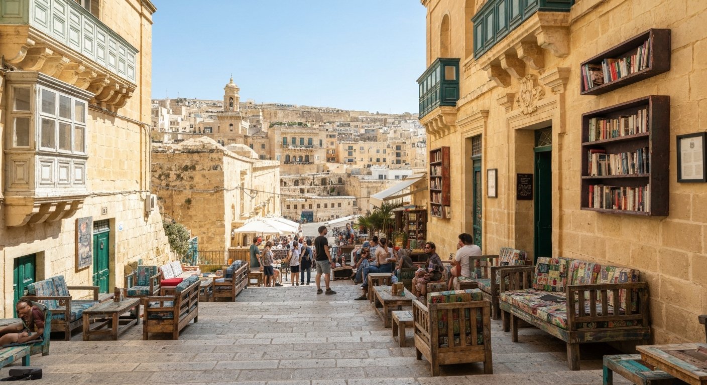 Ġugar Hangout & Bar på trapporna mot Fort St Elmo, med återvunna möbler, böcker på hyllor och en avslappnad dagspublik