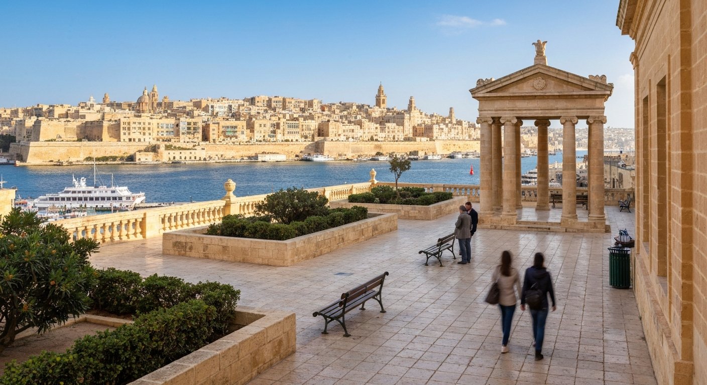 Lower Barrakka Gardens terrass med det nyklassicistiska templet, bänkar och Grand Harbour och Three Cities bortom