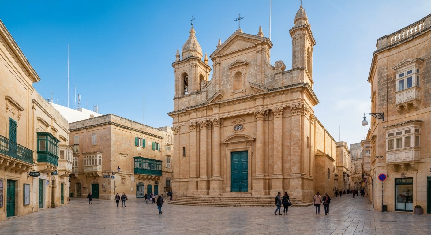 Church of St Paul's Shipwreck on St Paul Street, Valletta, with its Baroque facade and quiet square in soft daylight