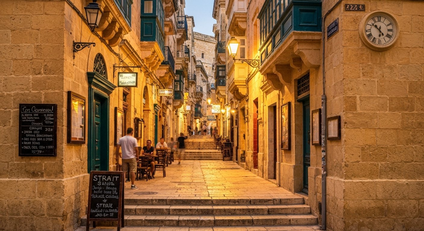 Strait Street in Valletta at dusk, narrow honey-stone lane with vintage signage, stepped pavement and warm light spilling from cellar bars