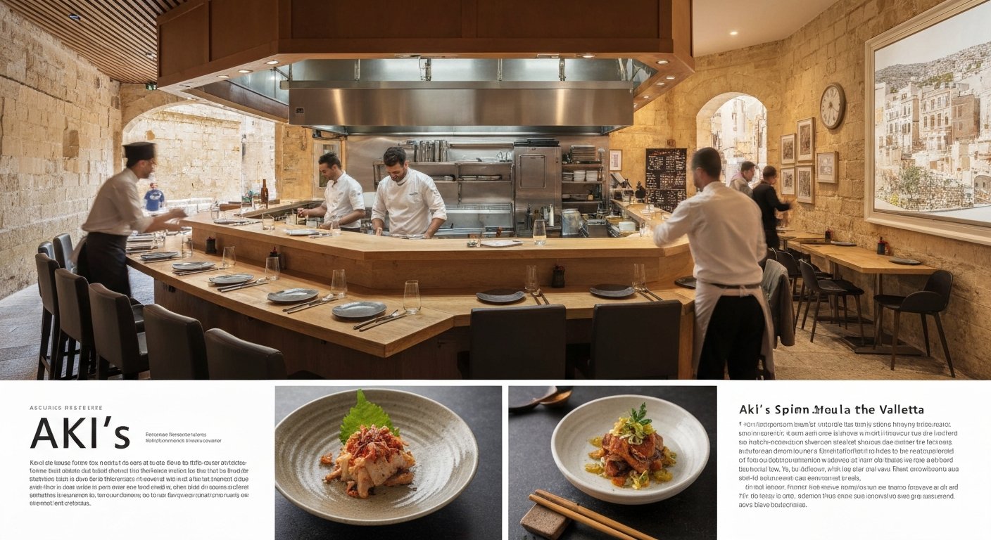Aki's open-kitchen dining room at 175 Strait Street, Valletta, with counter seating facing chefs and a contemporary Japanese dish in the foreground
