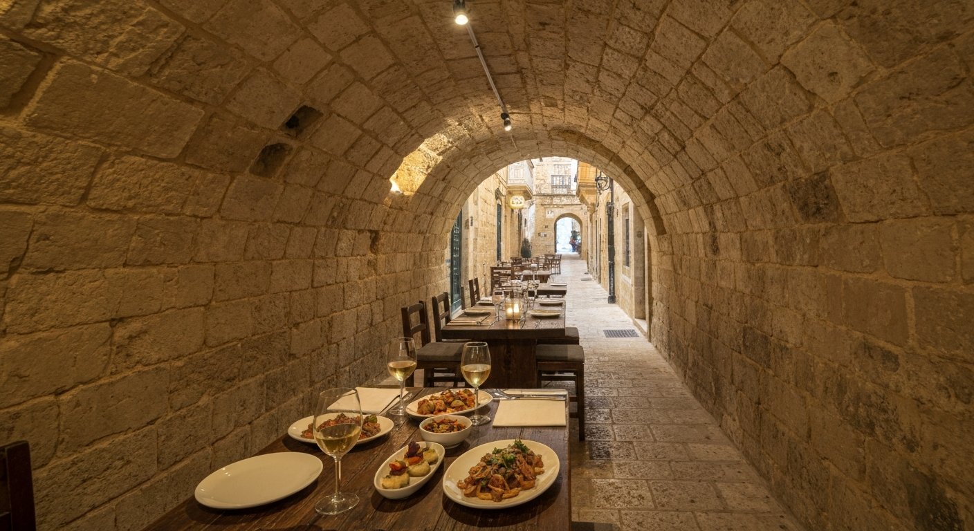Legligin's candlelit stone cellar on Santa Lucia Street, small plates and local wine on a rustic table under vaulted stone