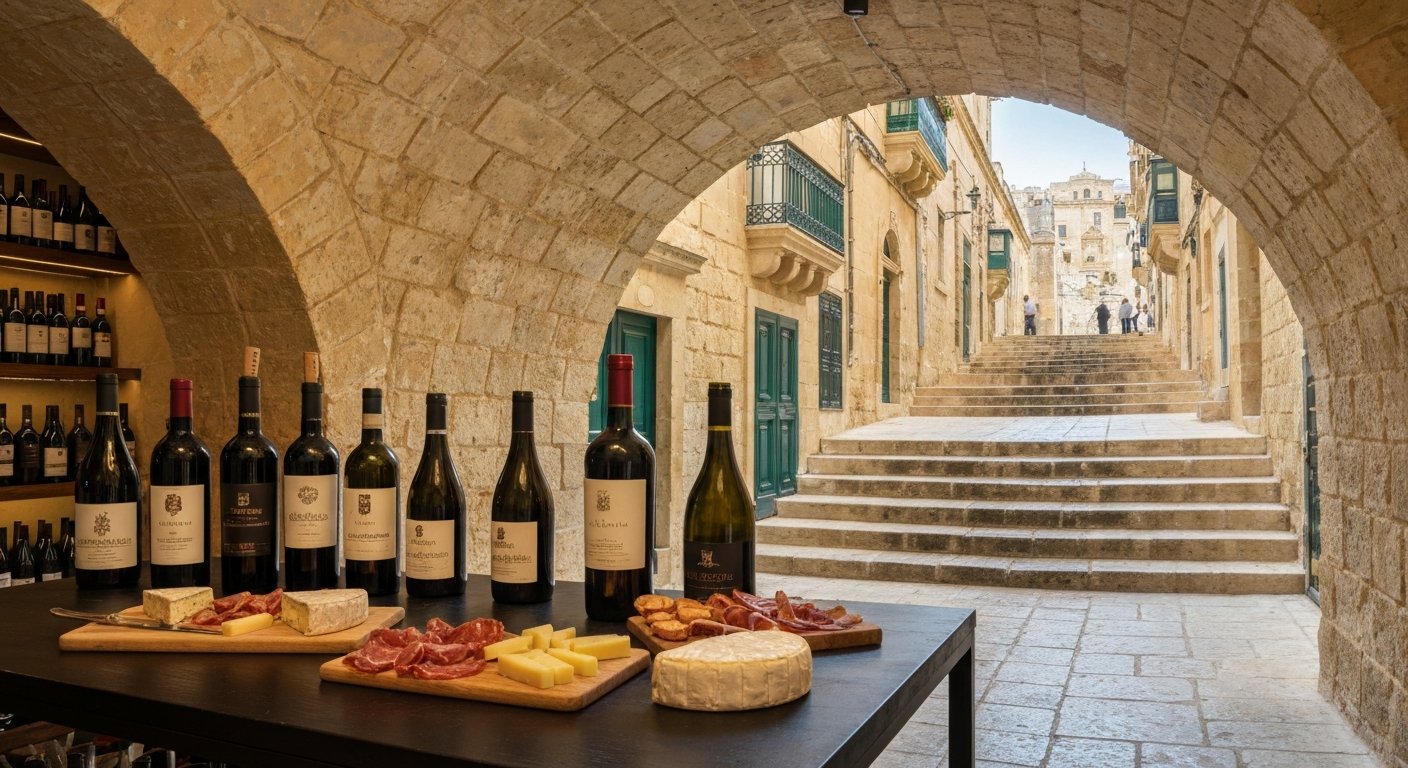 Trabuxu Wine Bar in a vaulted stone cellar, wine bottles, cheese and charcuterie boards, with a stepped street just outside