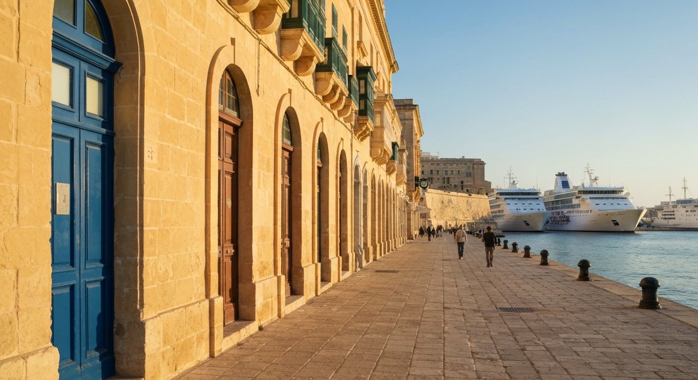 the row of painted timber doors at Valletta Waterfront along Pinto Wharf at golden hour, honey-limestone arches and cruise ship hulls just beyond the promenade