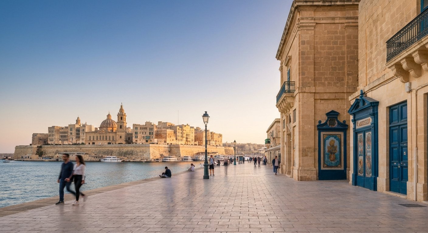 the restored Pinto Stores vaults and painted doors at Valletta Waterfront, wide promenade view with the Grand Harbour and the Three Cities in soft sunset light