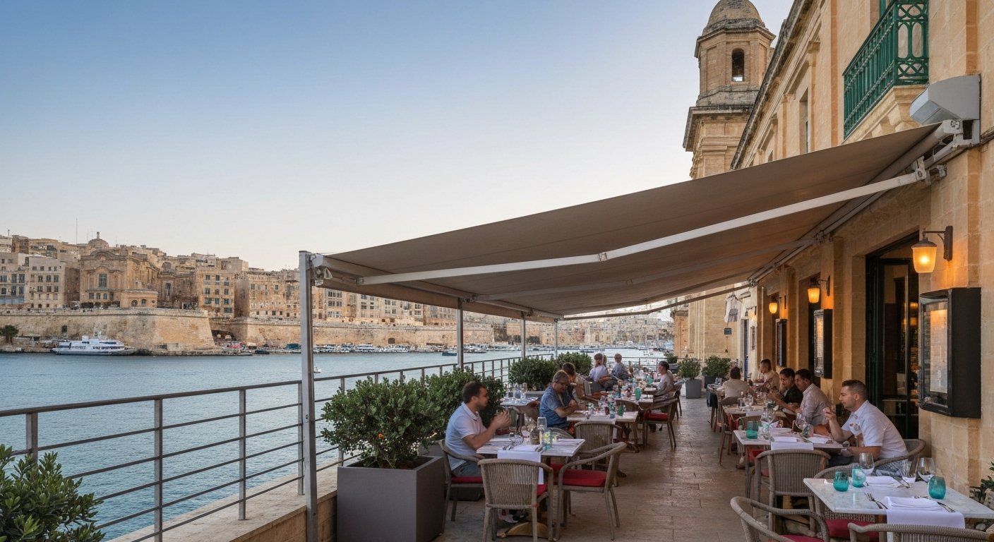 Browns Kitchen at Valletta Waterfront, canopied terrace outside a grand double-height vault, set for dinner with harbour views at dusk