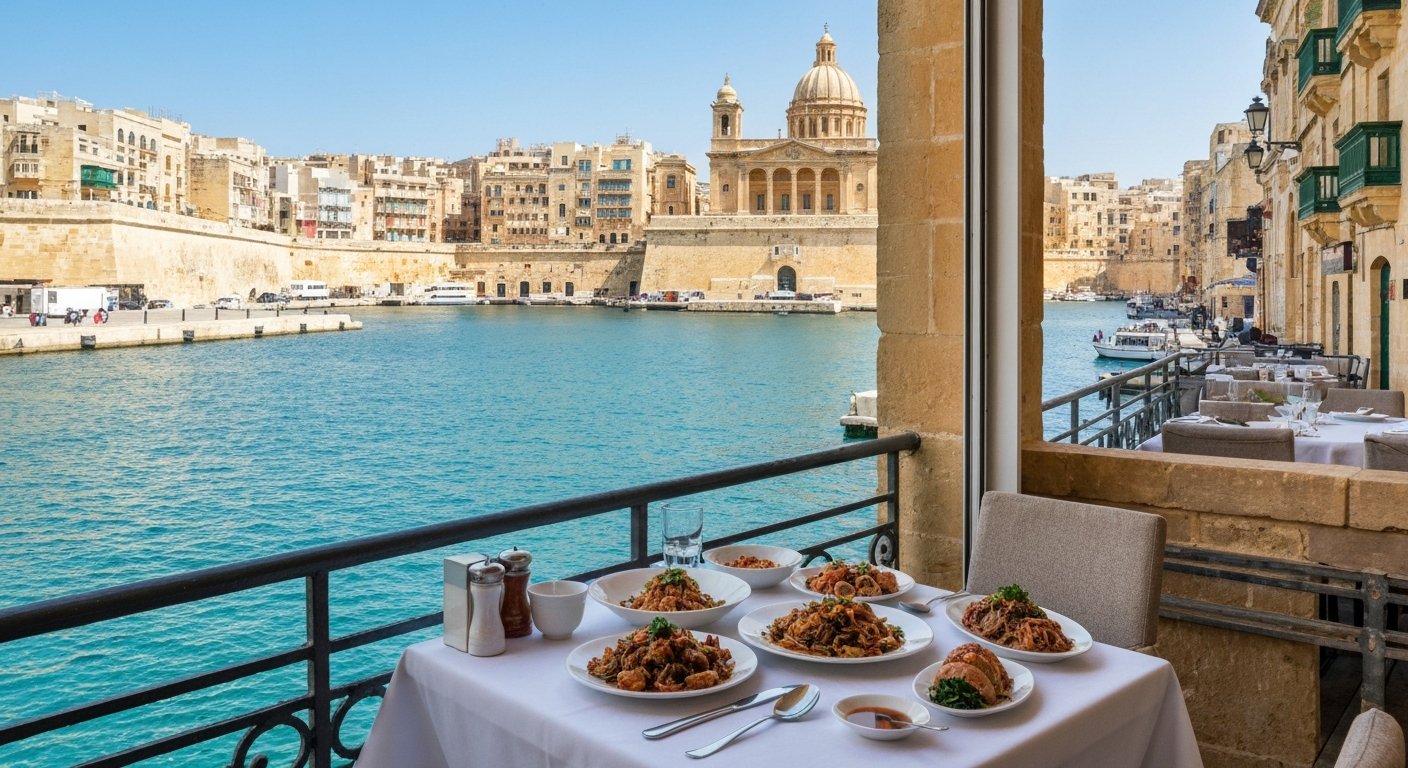 Nan Yuan in Vault 14 at Valletta Waterfront, Cantonese dishes on a table by the harbour with the Grand Harbour visible through the open terrace